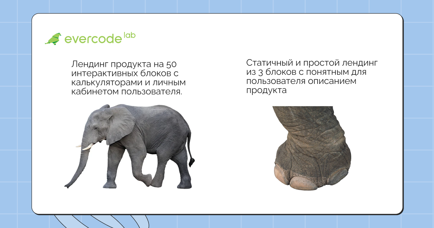 Слон целиком: Лендинг продукта на 50 интерактивных блоков с калькуляторами и личным кабинетом пользователя. Нога слона: Статичный и простой лендинг из 3 блоков с понятным для пользователя описанием продукта